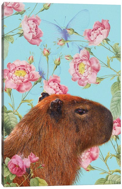 Capybara Flowers Canvas Art Print - Rodent Art