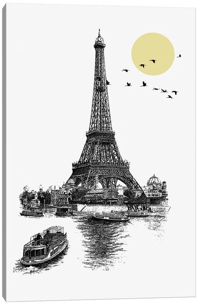 Eiffel Tower Minimalist Art Canvas Art Print - Black, White & Yellow Art