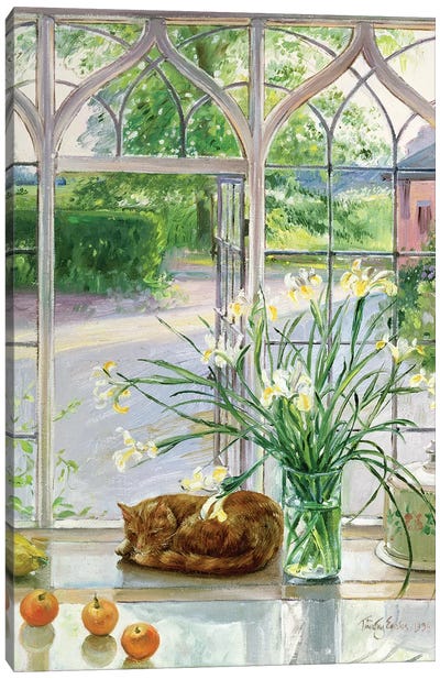Irises And Sleeping Cat, 1990 Canvas Art Print - Nineties Nostalgia Art