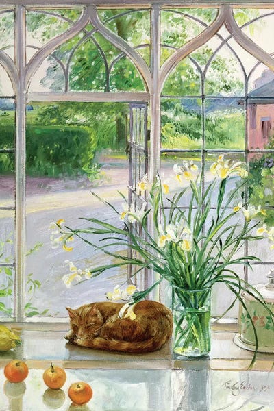 Timothy Easton: Irises And Sleeping Cat, 1990 by Timothy Easton