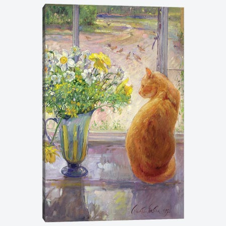 Striped Jug With Spring Flowers, 1992 Canvas Print #EST23} by Timothy Easton Canvas Art