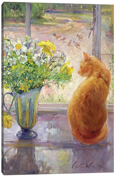 Striped Jug With Spring Flowers, 1992 Canvas Art Print - Tabby Cat Art