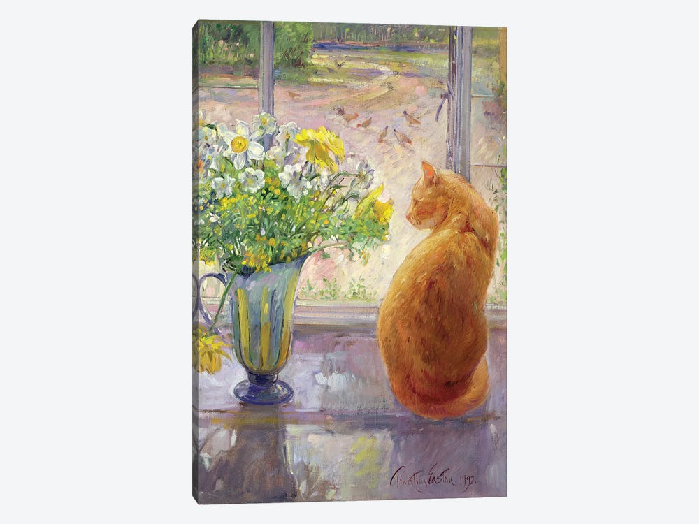 Striped Jug With Spring Flowers, 1992 by Timothy Easton 1-piece Canvas Print