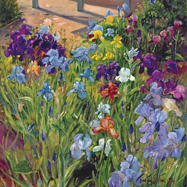 Gardens & Floral Landscapes: Irises And Summer House Shadows, 1996 by Timothy Easton
