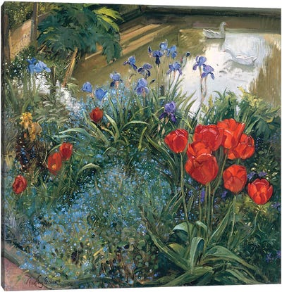 Red Tulips And Geese Canvas Art Print - Timothy Easton