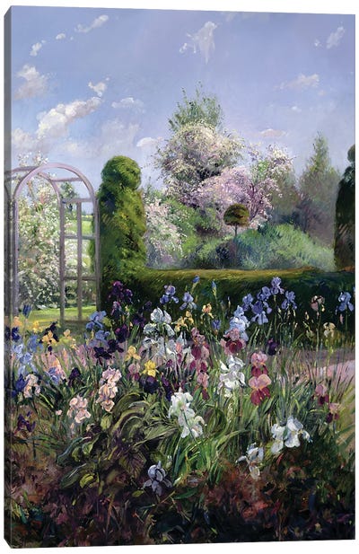Irises In The Formal Gardens, 1993 Canvas Art Print - Traditional Living Room Art