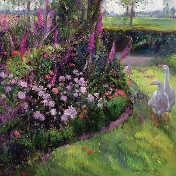 Detailed Oil Painters: Rose Bed And Geese, 1992 by Timothy Easton