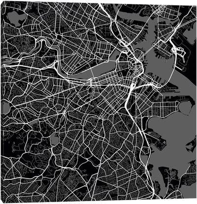 Boston Urban Roadway Map (Black) Canvas Art Print - Massachusetts Art