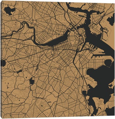 Boston Urban Roadway Map (Gold) Canvas Art Print - Massachusetts Art