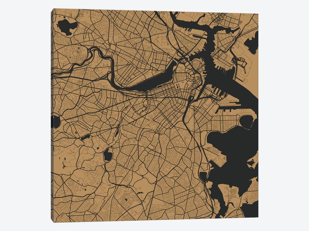 Boston Urban Roadway Map (Gold) by Urbanmap 1-piece Canvas Artwork