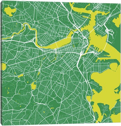 Boston Urban Roadway Map (Green) Canvas Art Print - Massachusetts Art
