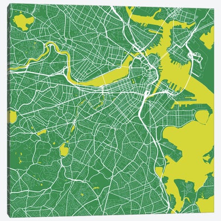 Boston Urban Roadway Map (Green) Canvas Print #ESV121} by Urbanmap Canvas Wall Art