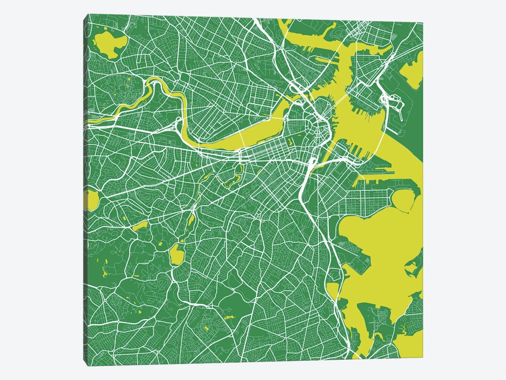 Boston Urban Roadway Map (Green) by Urbanmap 1-piece Canvas Art Print