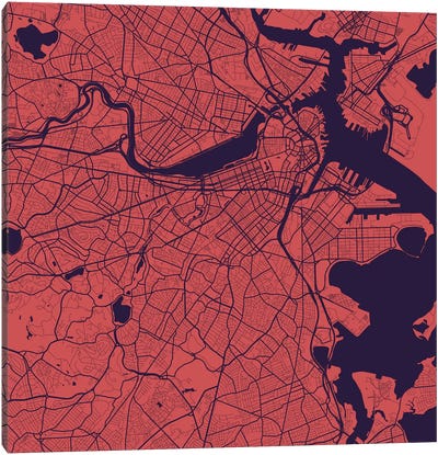 Boston Urban Roadway Map (Purple Night) Canvas Art Print - Massachusetts Art