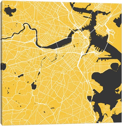 Boston Urban Roadway Map (Yellow) Canvas Art Print