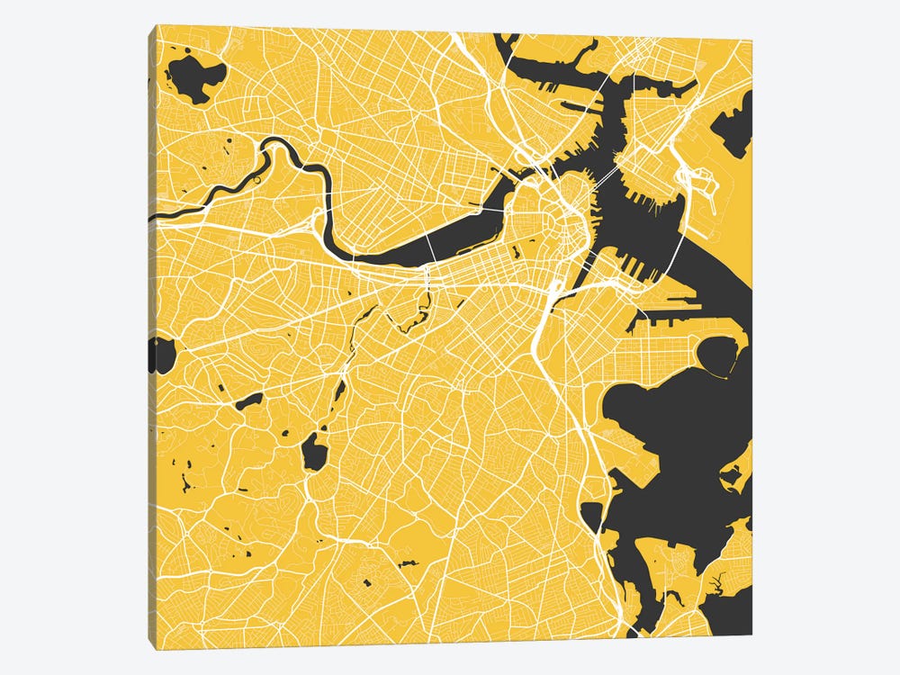 Boston Urban Roadway Map (Yellow) by Urbanmap 1-piece Canvas Wall Art