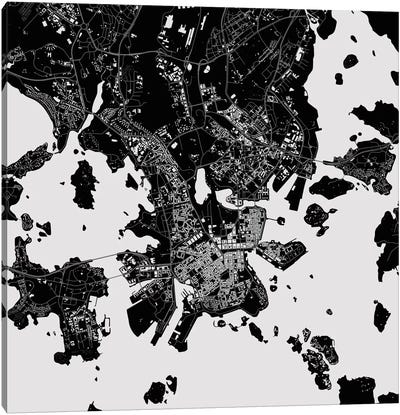Helsinki Urban Map (Black) Canvas Art Print - Urban Living Room Art