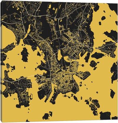 Helsinki Urban Map (Yellow) Canvas Art Print - Urban Living Room Art