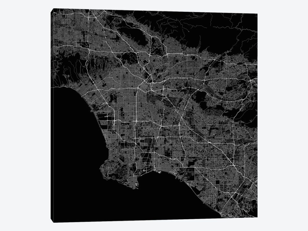 Los Angeles Urban Roadway Map (Black) by Urbanmap 1-piece Canvas Art Print