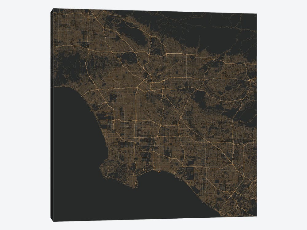 Los Angeles Urban Roadway Map (Gold) by Urbanmap 1-piece Canvas Art Print