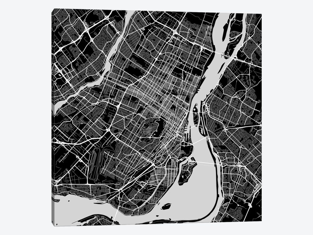 Montreal Urban Roadway Map (Black) by Urbanmap 1-piece Canvas Print