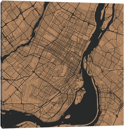 Montreal Urban Roadway Map (Gold) Canvas Art Print - Industrial Décor