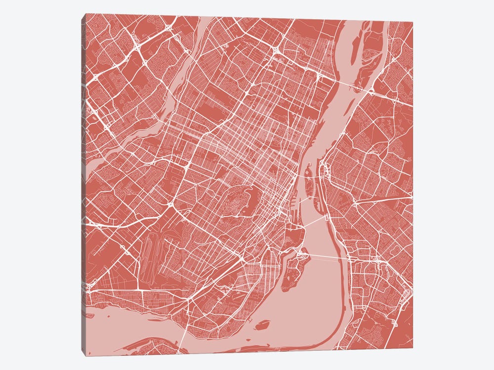 Montreal Urban Roadway Map (Pink) by Urbanmap 1-piece Canvas Wall Art