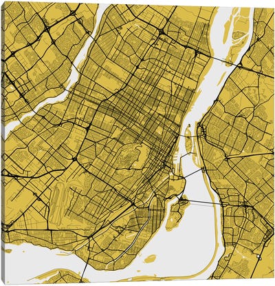 Montreal Urban Roadway Map (Yellow) Canvas Art Print - Urban Living Room Art