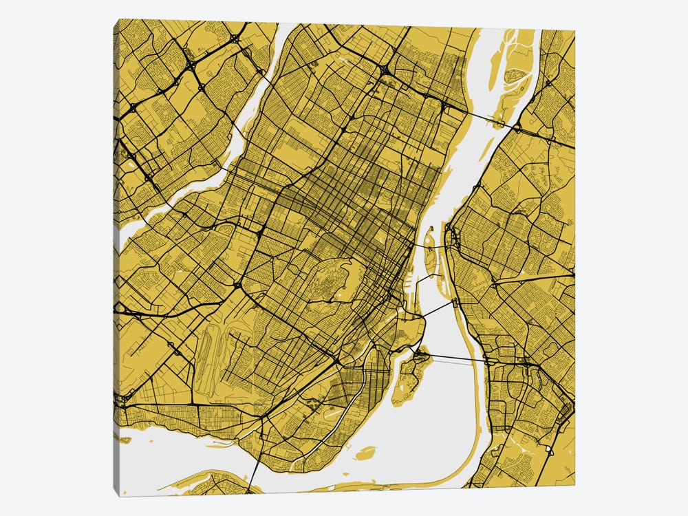 Montreal Urban Roadway Map (Yellow) by Urbanmap 1-piece Canvas Wall Art