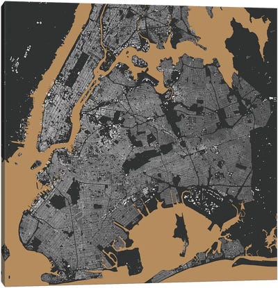 New York City Urban Map (Black & Gold) Canvas Art Print