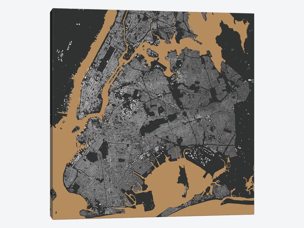 New York City Urban Map (Black & Gold) 1-piece Canvas Art Print