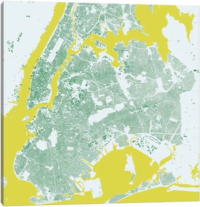 New York City Urban Map (Green) Canvas Art Print - New York City Map