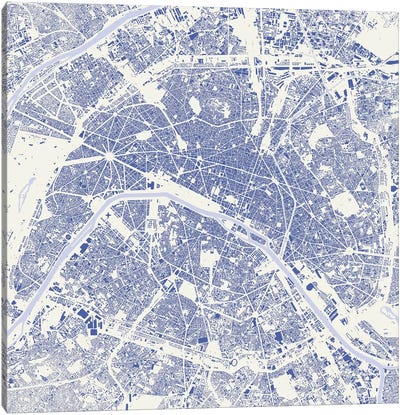 Paris Urban Map (Blue) Canvas Art Print - Paris Maps