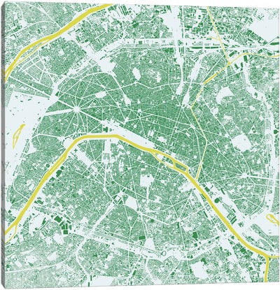 Paris Urban Map (Green) Canvas Art Print - Paris Maps