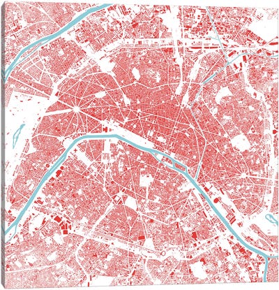 Paris Urban Map (Red) Canvas Art Print - Ice Blue & Cherry Red Art