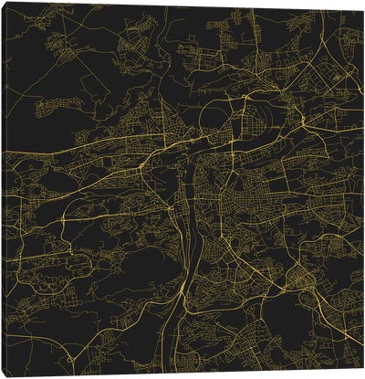 Prague Urban Roadway Map (Yellow) Canvas Art Print - Urban Living Room Art