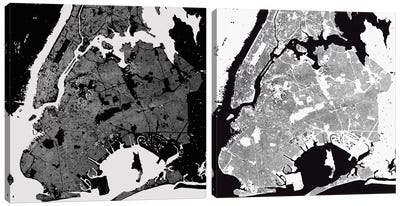 New York City Urban Map Diptych Canvas Art Print - New York City Map