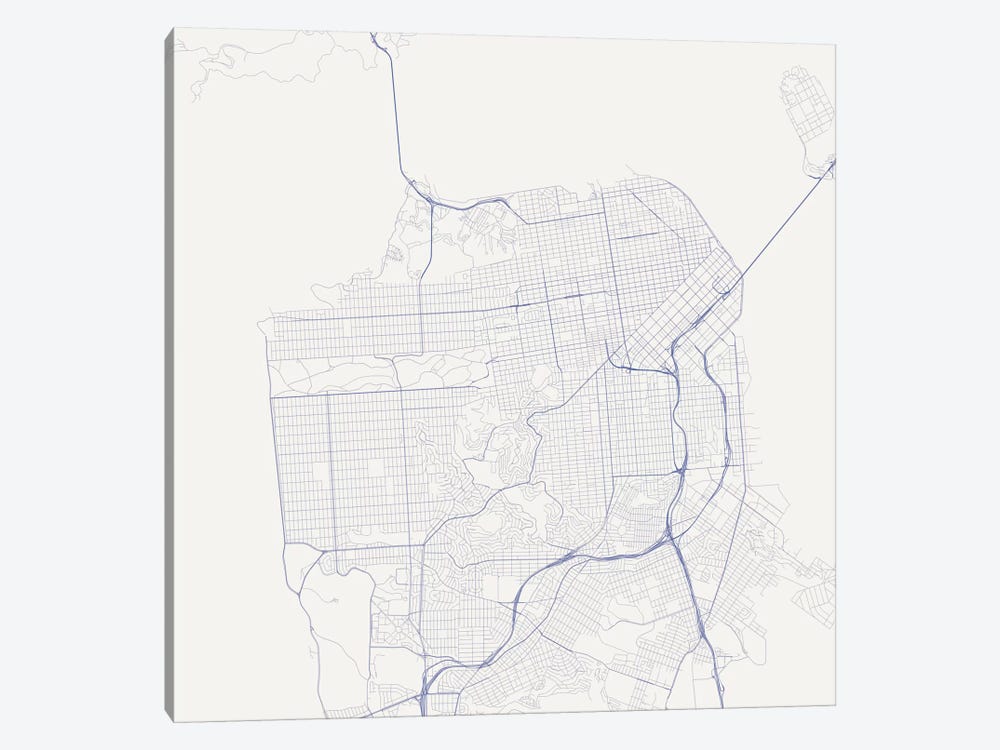 San Francisco Urban Roadway Map (Blue) by Urbanmap 1-piece Canvas Wall Art