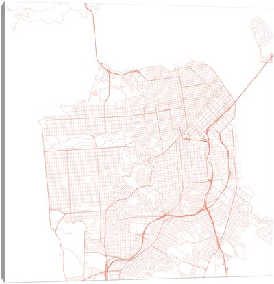 San Francisco Urban Roadway Map (Red) Canvas Art Print - Urbanmap