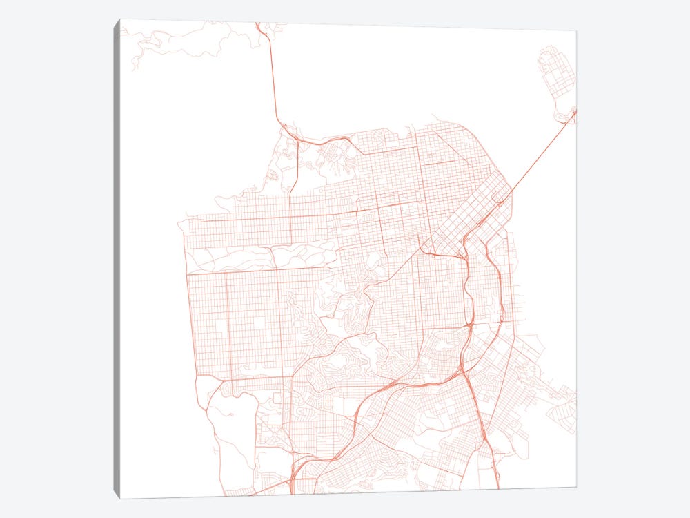 San Francisco Urban Roadway Map (Red) by Urbanmap 1-piece Canvas Art Print