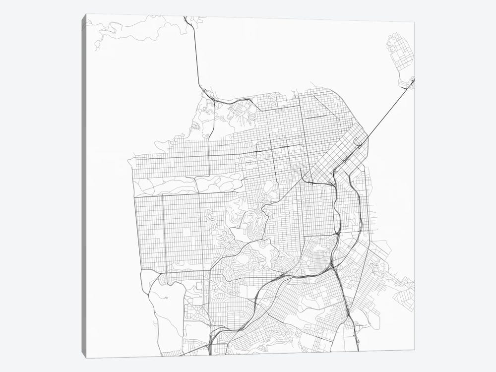San Francisco Urban Roadway Map (White) by Urbanmap 1-piece Canvas Print