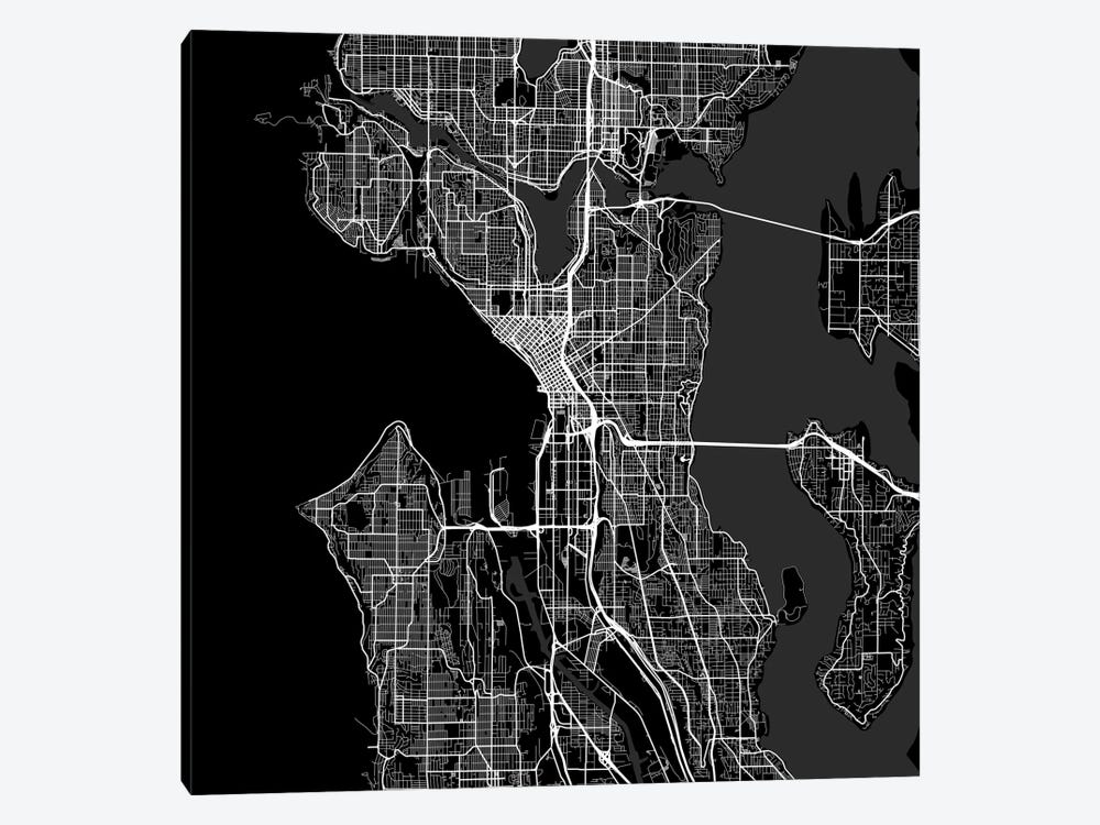 Seattle Urban Roadway Map (Black) by Urbanmap 1-piece Canvas Print