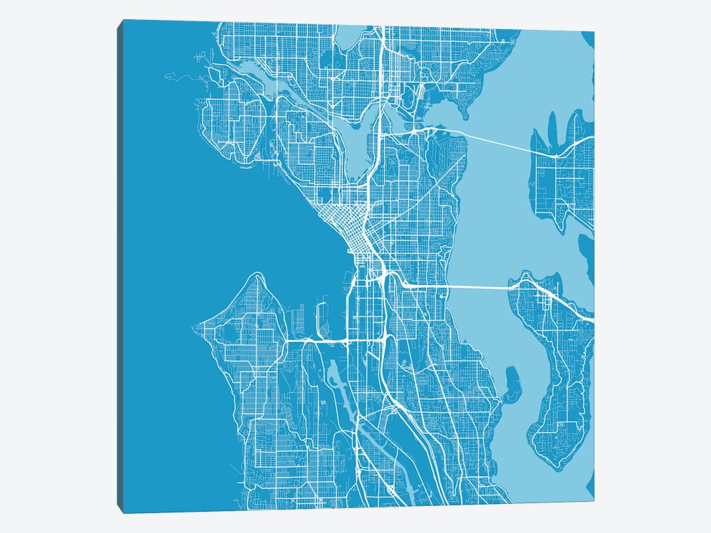 Seattle Urban Roadway Map (Blue) by Urbanmap 1-piece Canvas Wall Art