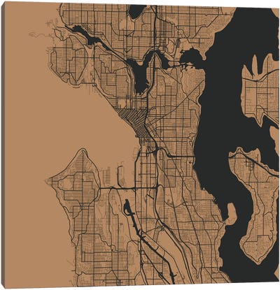 Seattle Urban Roadway Map (Gold) Canvas Art Print - Urban Maps