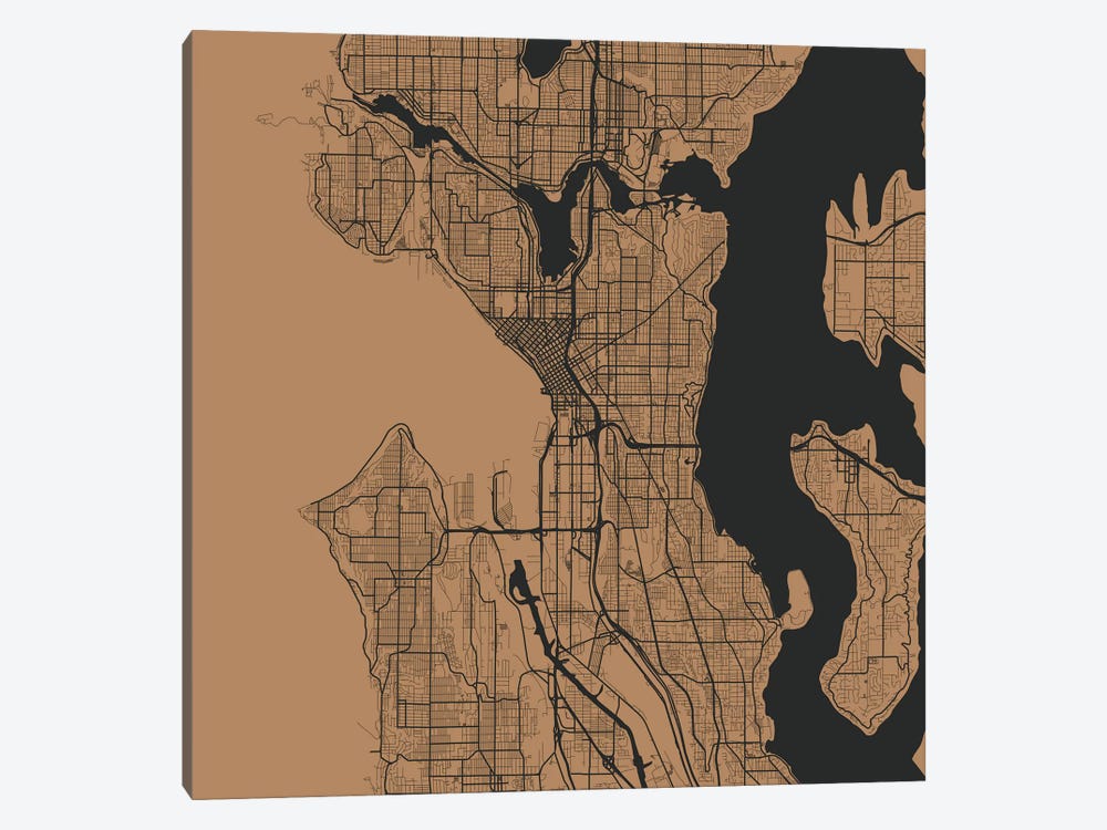 Seattle Urban Roadway Map (Gold) by Urbanmap 1-piece Canvas Print