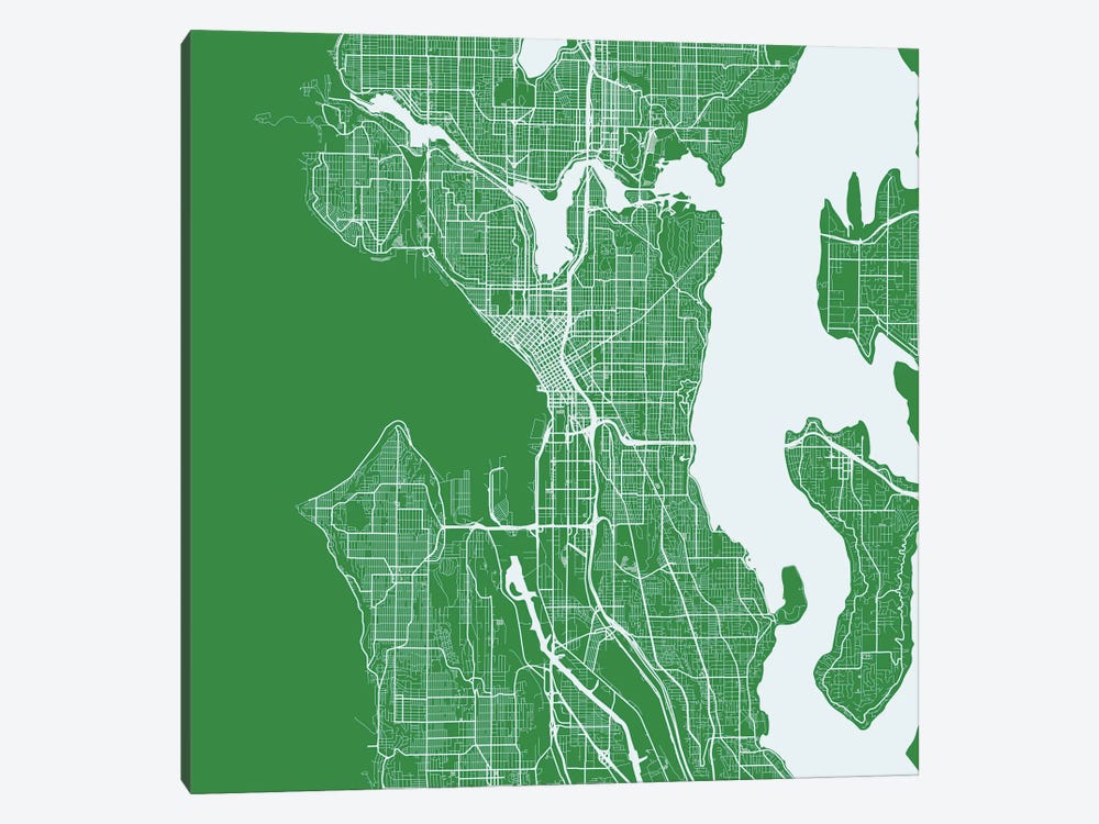 Seattle Urban Roadway Map (Green) by Urbanmap 1-piece Canvas Art