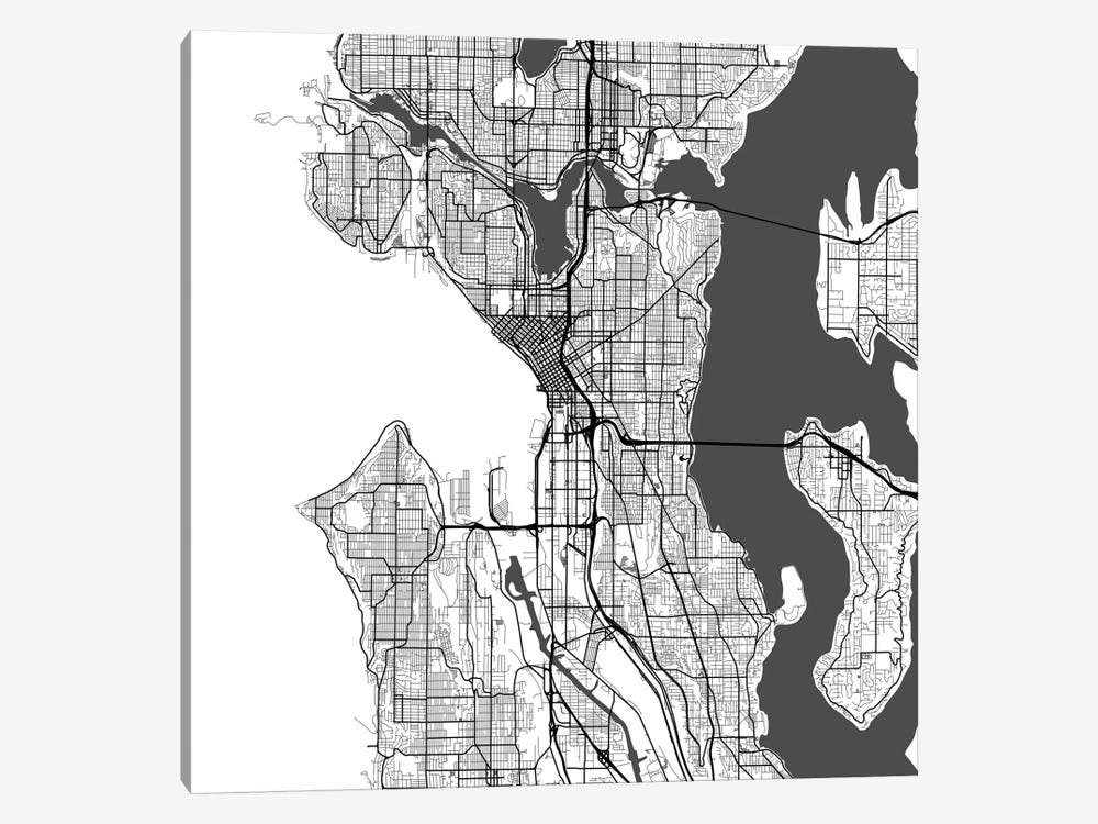 Seattle Urban Roadway Map (White) by Urbanmap 1-piece Canvas Art