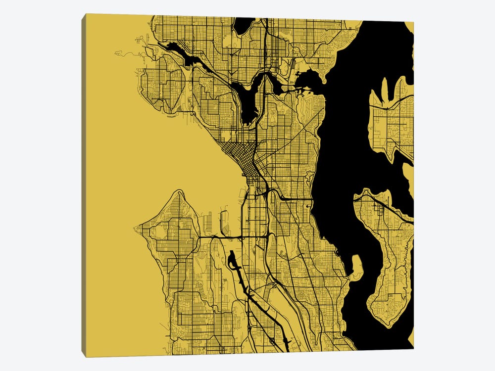 Seattle Urban Roadway Map (Yellow) by Urbanmap 1-piece Canvas Wall Art