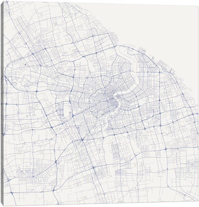 Shanghai Urban Roadway Map (Blue) Canvas Art Print - Urban Maps