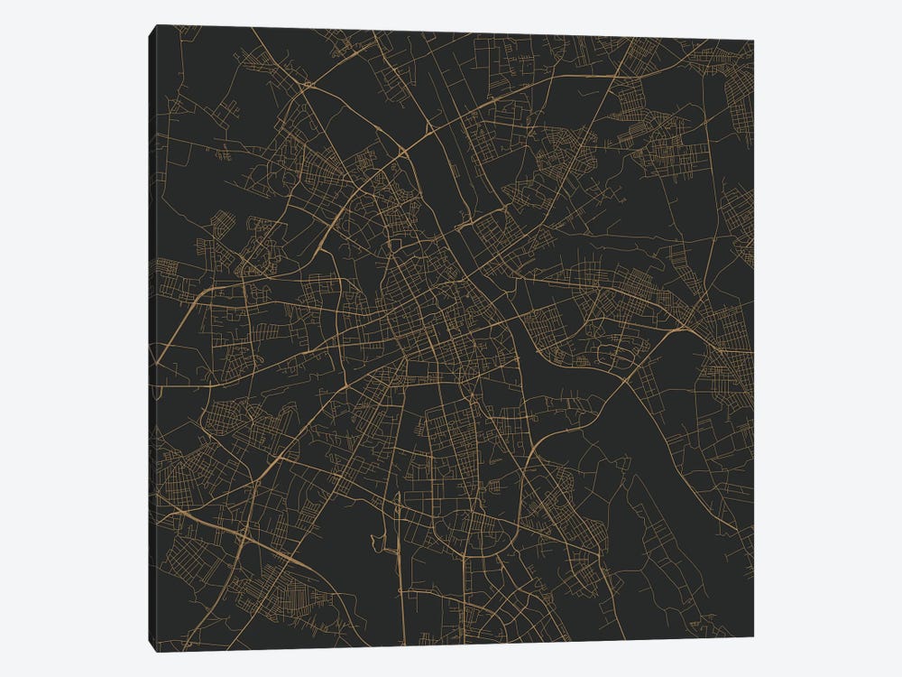 Warsaw Urban Roadway Map (Gold) 1-piece Canvas Art Print